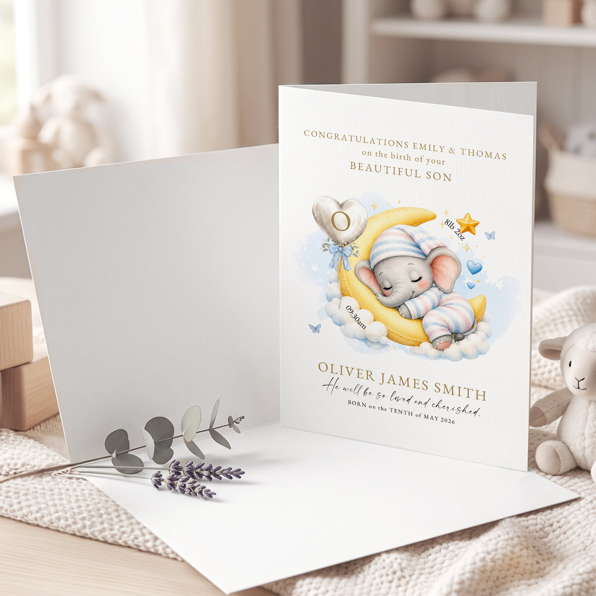 Personalized Watercolor Sleeping Animal Birth Announcement Greeting Card with Name Text and Birth Message Baby Shower Birthday Gift for New Parents