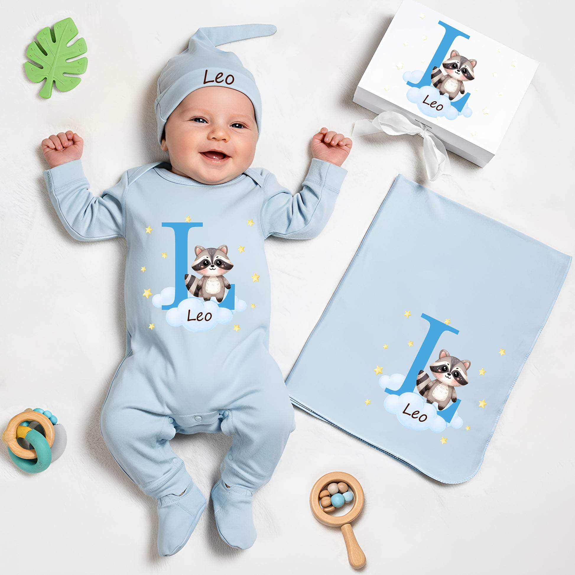Personalized Cute Animal Star 100% Cotton Baby Romper Hat Blanket Outfit with Name and Gift Box Baby Shower Coming Home Gift for Newborn