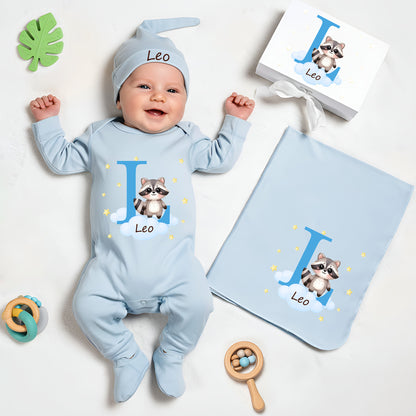 Personalized Cute Animal Star 100% Cotton Baby Romper Hat Blanket Outfit with Name and Gift Box Baby Shower Coming Home Gift for Newborn