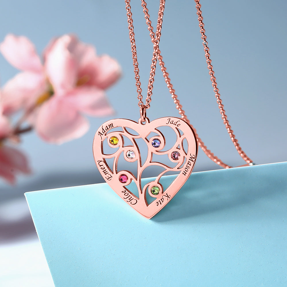 Heart Family Tree Necklace with Name and Birthstone in Silver
