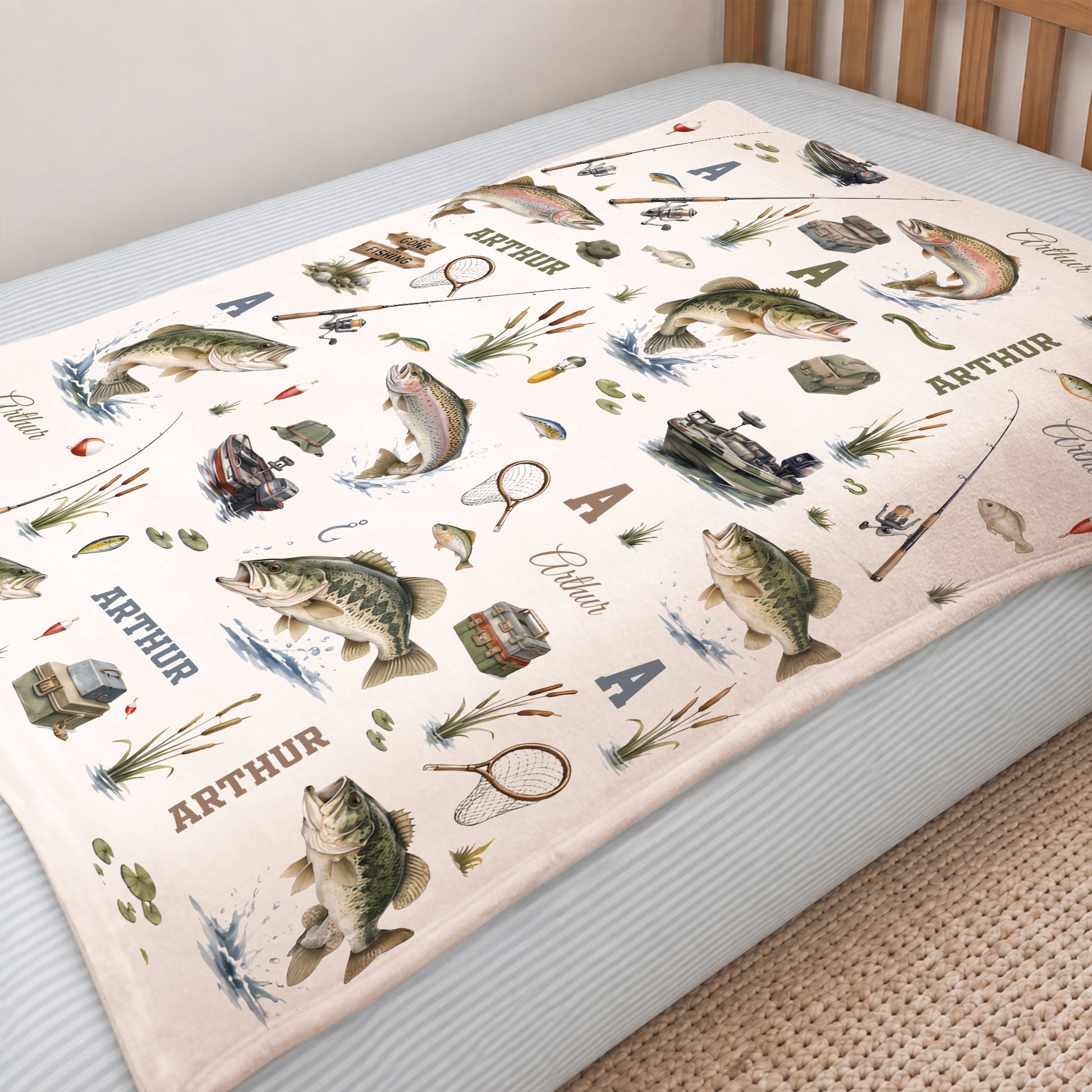 Personalized Gone Fishing Themed Soft Throw Blanket with Initial and Name Home Decor Birthday Baby Shower Gift for Newborns New Parents