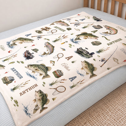 Personalized Gone Fishing Themed Soft Throw Blanket with Initial and Name Home Decor Birthday Baby Shower Gift for Newborns New Parents