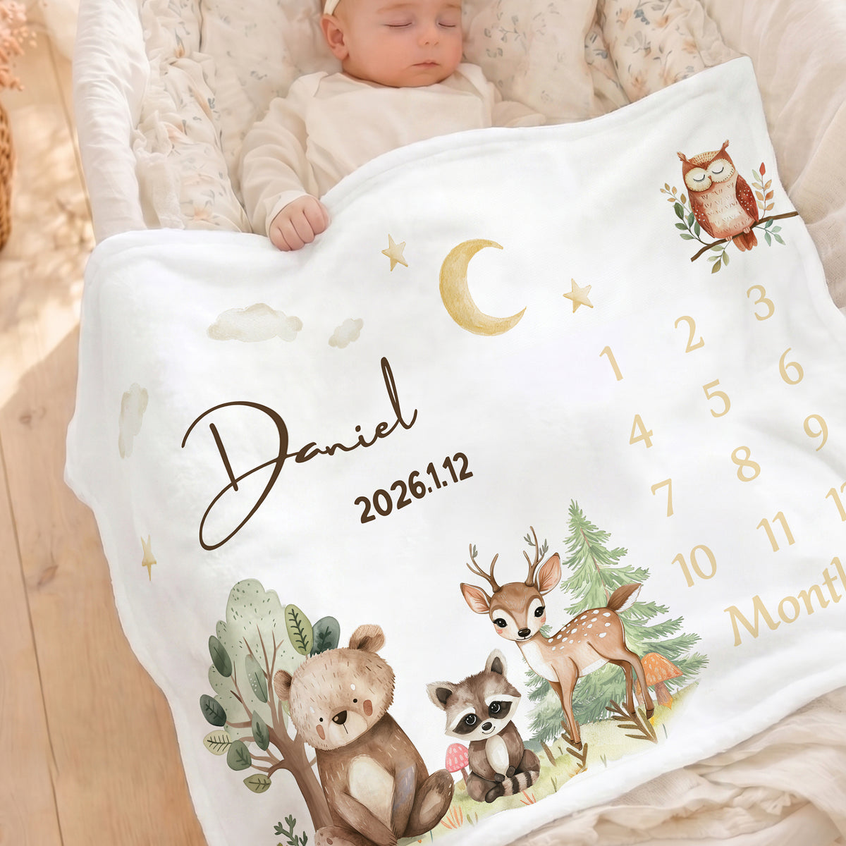 Personalized Woodland Cartoon Animal Milestone Soft Throw Blanket with Name Baby Shower Gift for Newborn New Mom