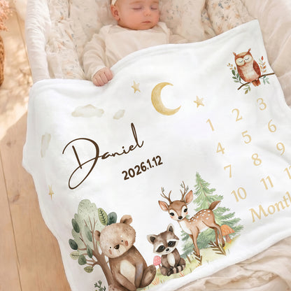 Personalized Woodland Cartoon Animal Milestone Soft Throw Blanket with Name Baby Shower Gift for Newborn New Mom