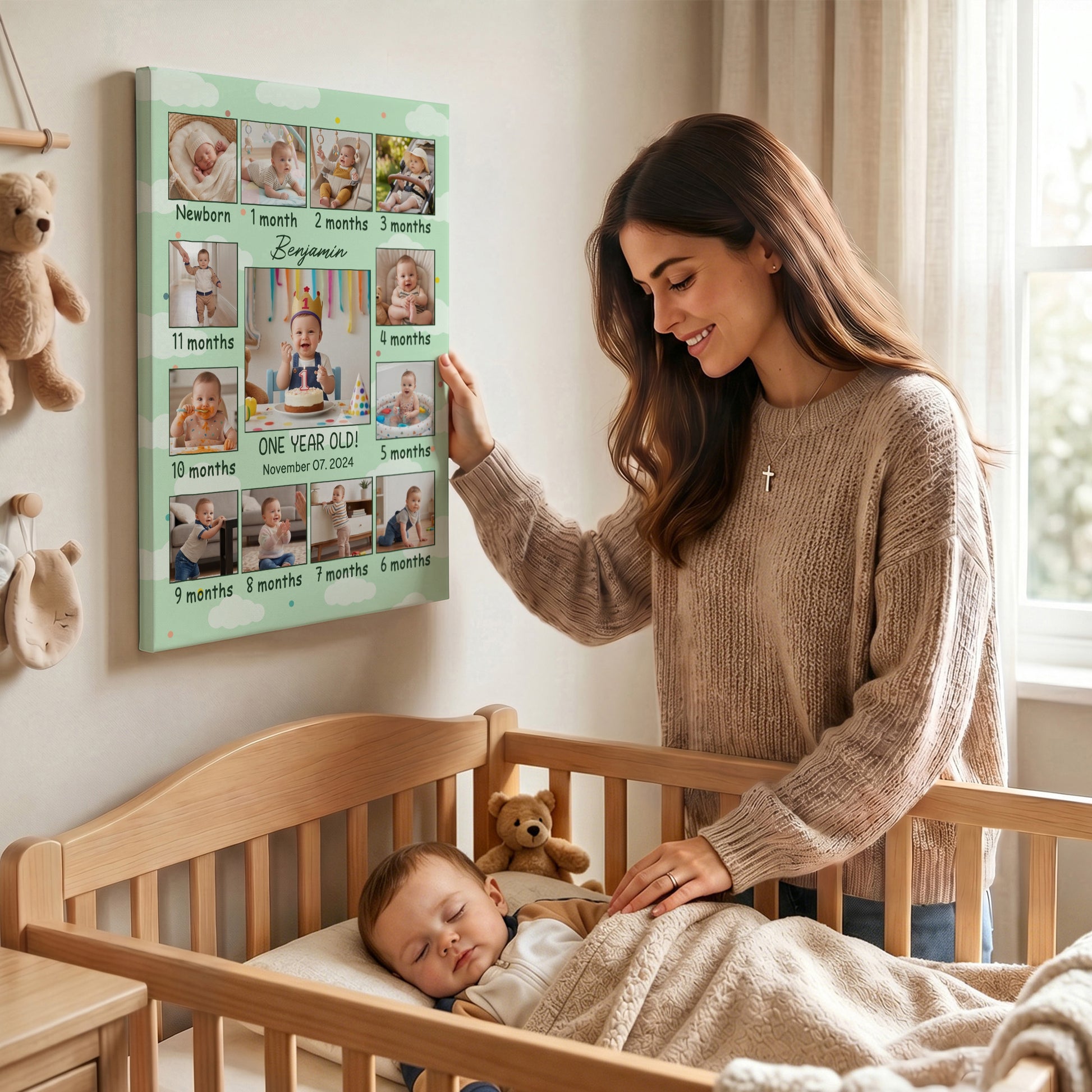 Personalized Baby Milestone Photo Canvas Prints with Name Date and Text Warm Minimalist Wall Displays Ship from USA Newborn Gift for New Parents