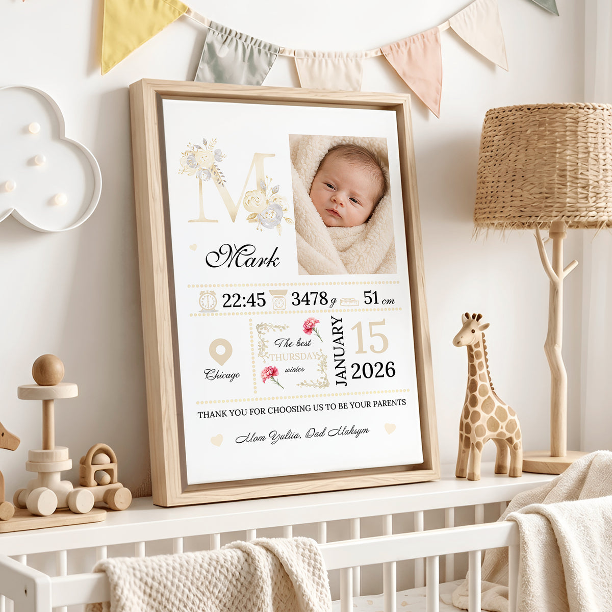 Personalized Birth Flower Photo Canvas Prints with Name Year and Title Warm Minimalist Nursery Decor Ship from USA Birthday Gift for Parents Family