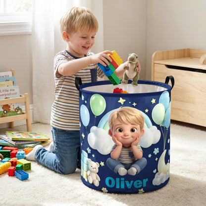 Personalized Cartoon Style Photo Waterproof Laundry Storage Basket with Name and Handles Room Decor Birthday Gift for Kids Boys Girls