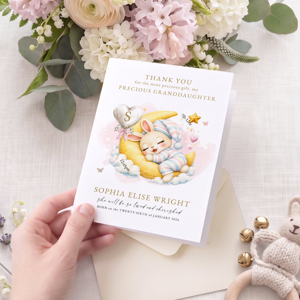 Personalized Watercolor Sleeping Animal Birth Announcement Greeting Card with Name Text and Birth Message Baby Shower Birthday Gift for New Parents