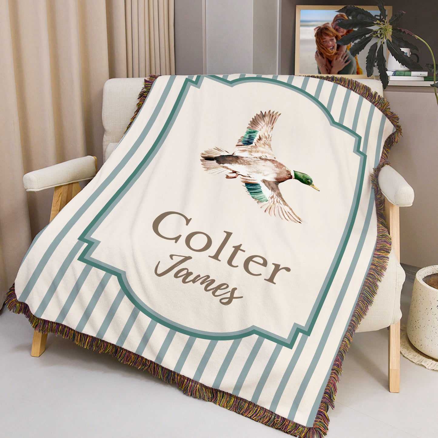 Personalized Mallard Duck Pattern Striped Tassel Woven Throw Blanket with Name Nursery Decor Birthday Baby Shower Gift for Newborn New Parents