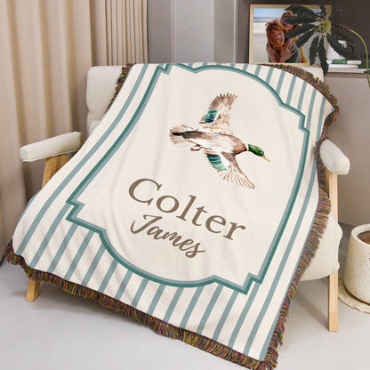 Personalized Mallard Duck Pattern Striped Tassel Woven Throw Blanket with Name Nursery Decor Birthday Baby Shower Gift for Newborn New Parents