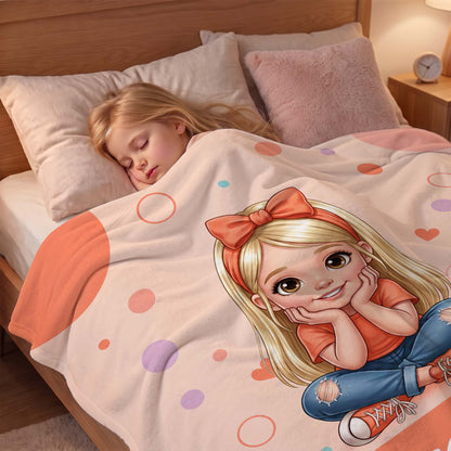 Personalized Polka Dot Cartoon Character Photo Soft Throw Blanket with Name Home Decor Birthday Children's Day Gift for Kids