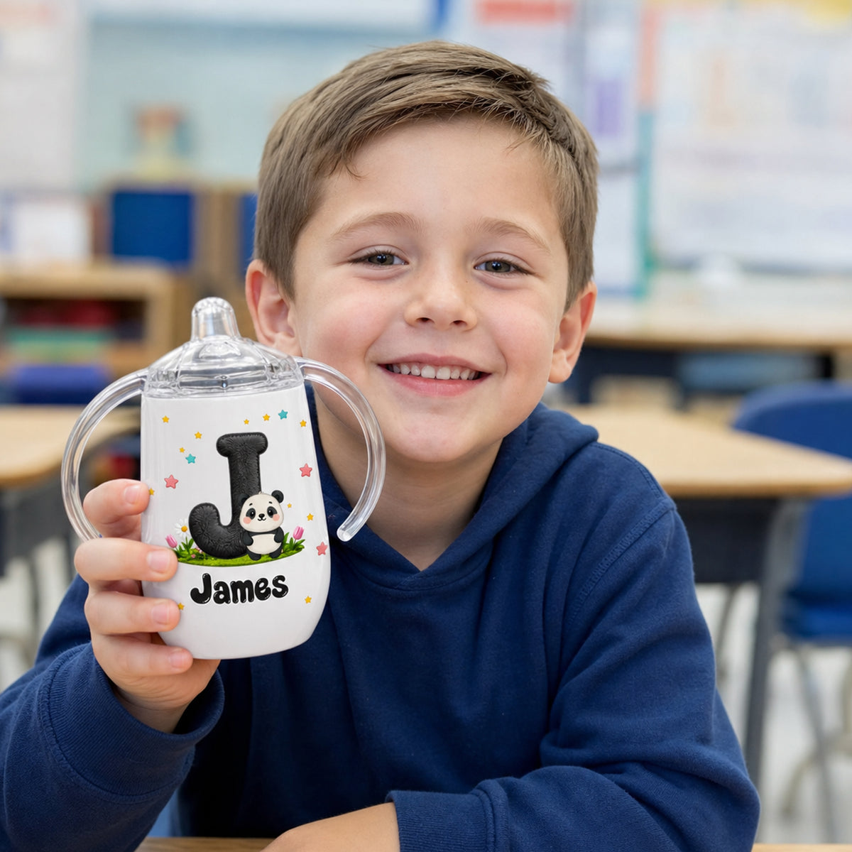Personalized Cute Cartoon Animals Pattern Star Flower Cloud 10 oz Sippy Cup with Name and Initial Kindergarten Birthday Gift for Kids
