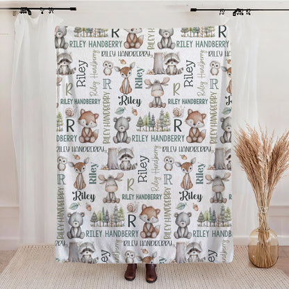 Personalized Cute Hand Painted Animals Soft Throw Blanket with Name and Initial Home Decor Daily Use Birthday Gift for Kids