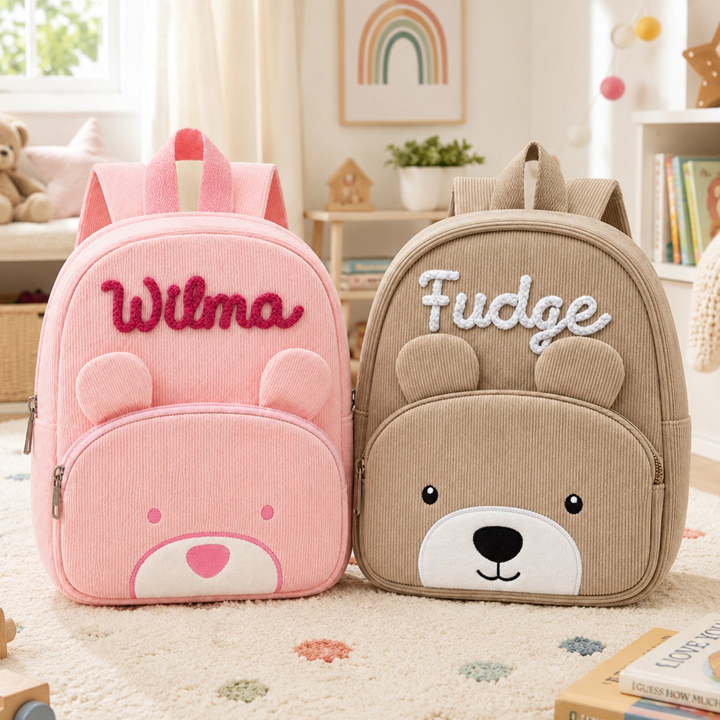 Personalized Cute Teddy Bear Corduroy Backpack with Hand Embroidered Name Children's Day Back to School Birthday Gift for Kids Students