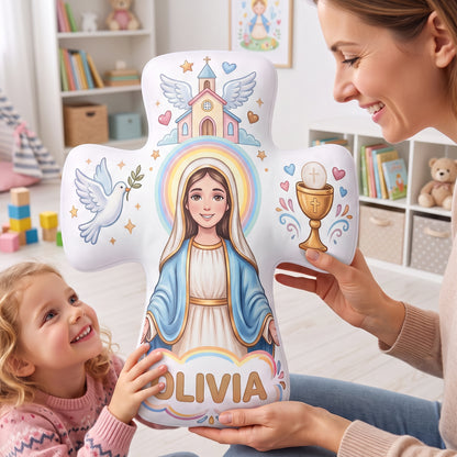 Personalized the Virgin and Child Christian Cross Shaped Soft Throw Pillow with Name Home Decor Birthday Gift for Kids
