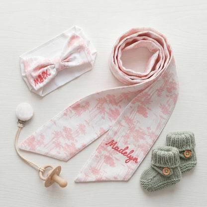 Personalized Embroidered Name Pink Coconut Trees Bow Headband Sash Set Maternity Photography Prop Baby Shower Gift for Newborn Mom