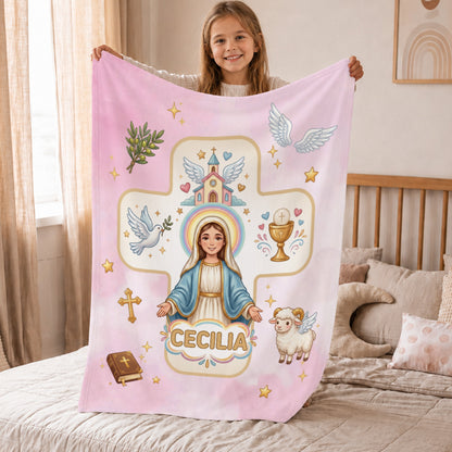 Personalized Virgin Mary & Jesus Cross Soft Warm Throw Blanket with Name Room Decor Baptism Gift for Kid Newborn