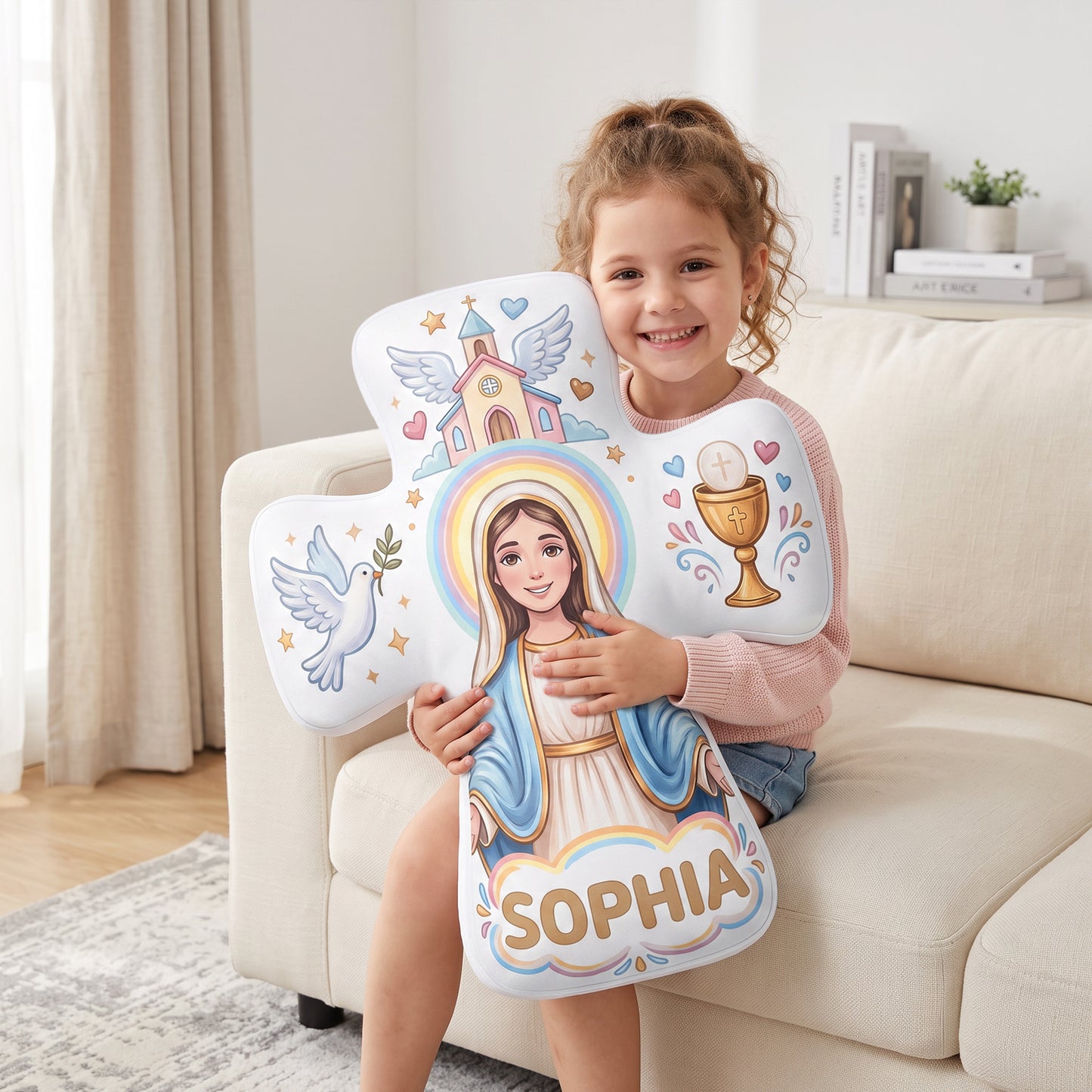 Personalized the Virgin and Child Christian Cross Shaped Soft Throw Pillow with Name Home Decor Birthday Gift for Kids