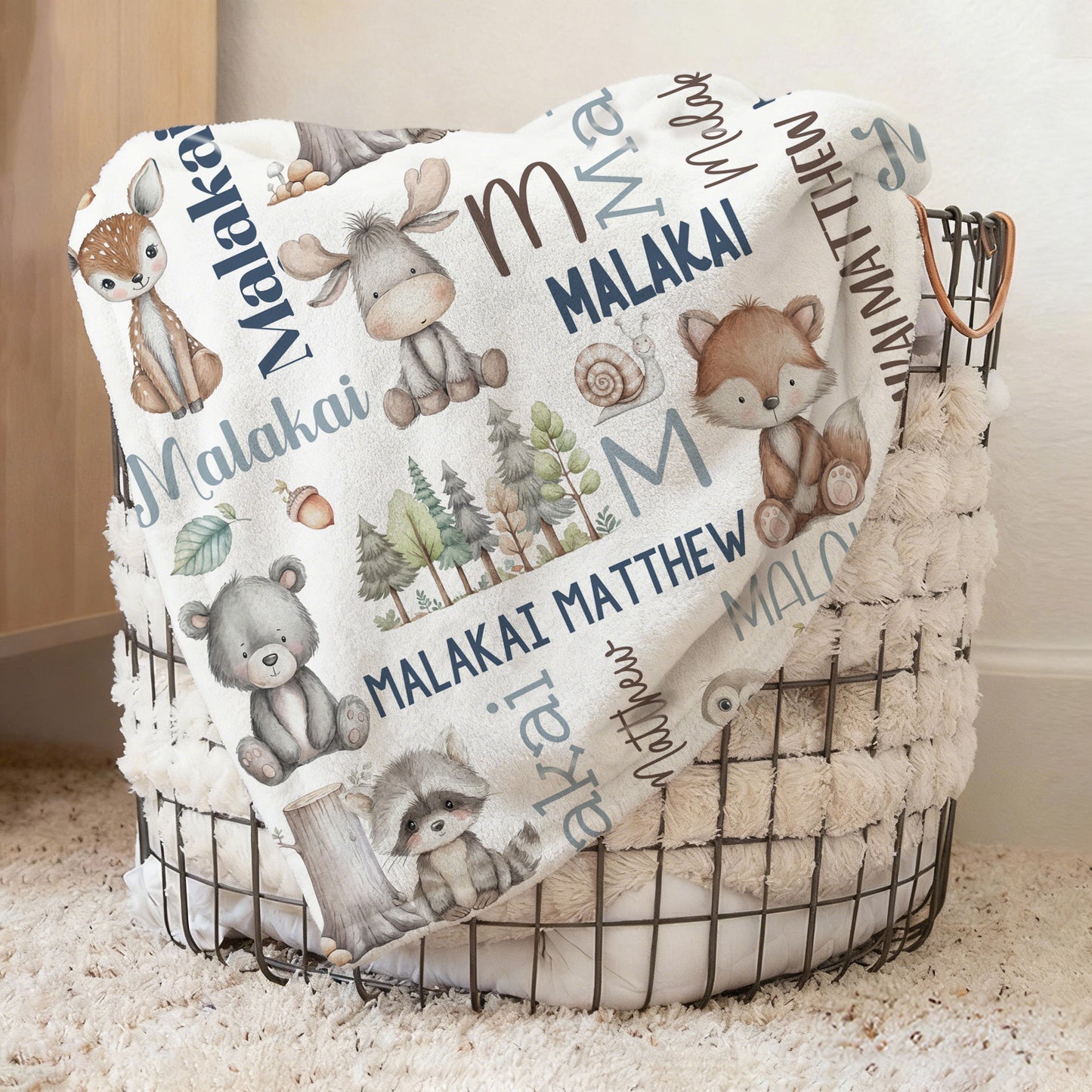 Personalized Cute Hand Painted Animals Soft Throw Blanket with Name and Initial Home Decor Daily Use Birthday Gift for Kids