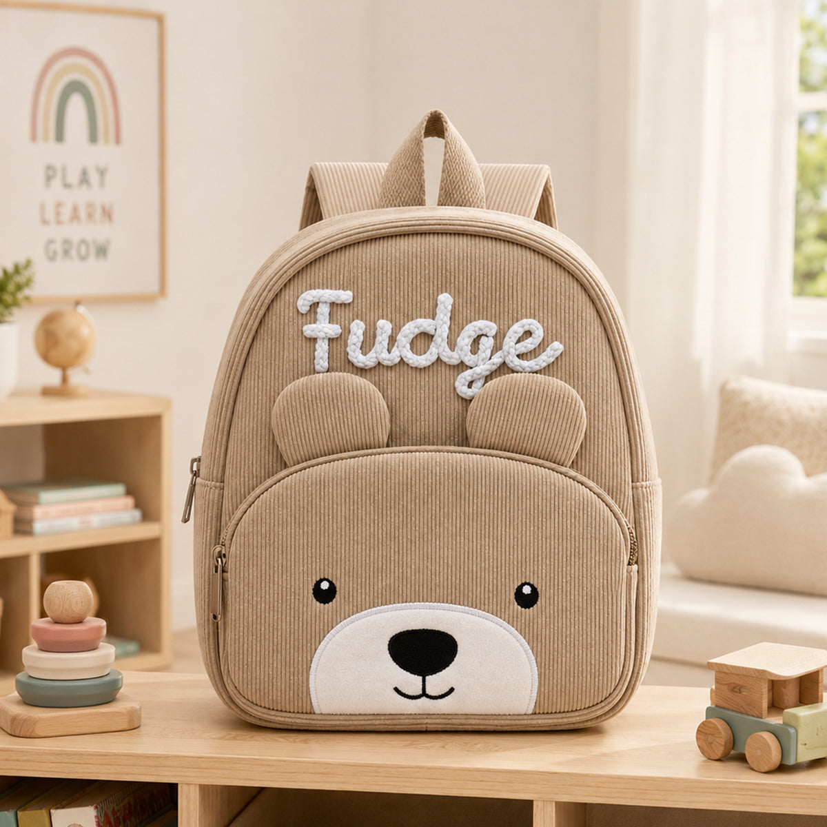 Personalized Cute Teddy Bear Corduroy Backpack with Hand Embroidered Name Children's Day Back to School Birthday Gift for Kids Students