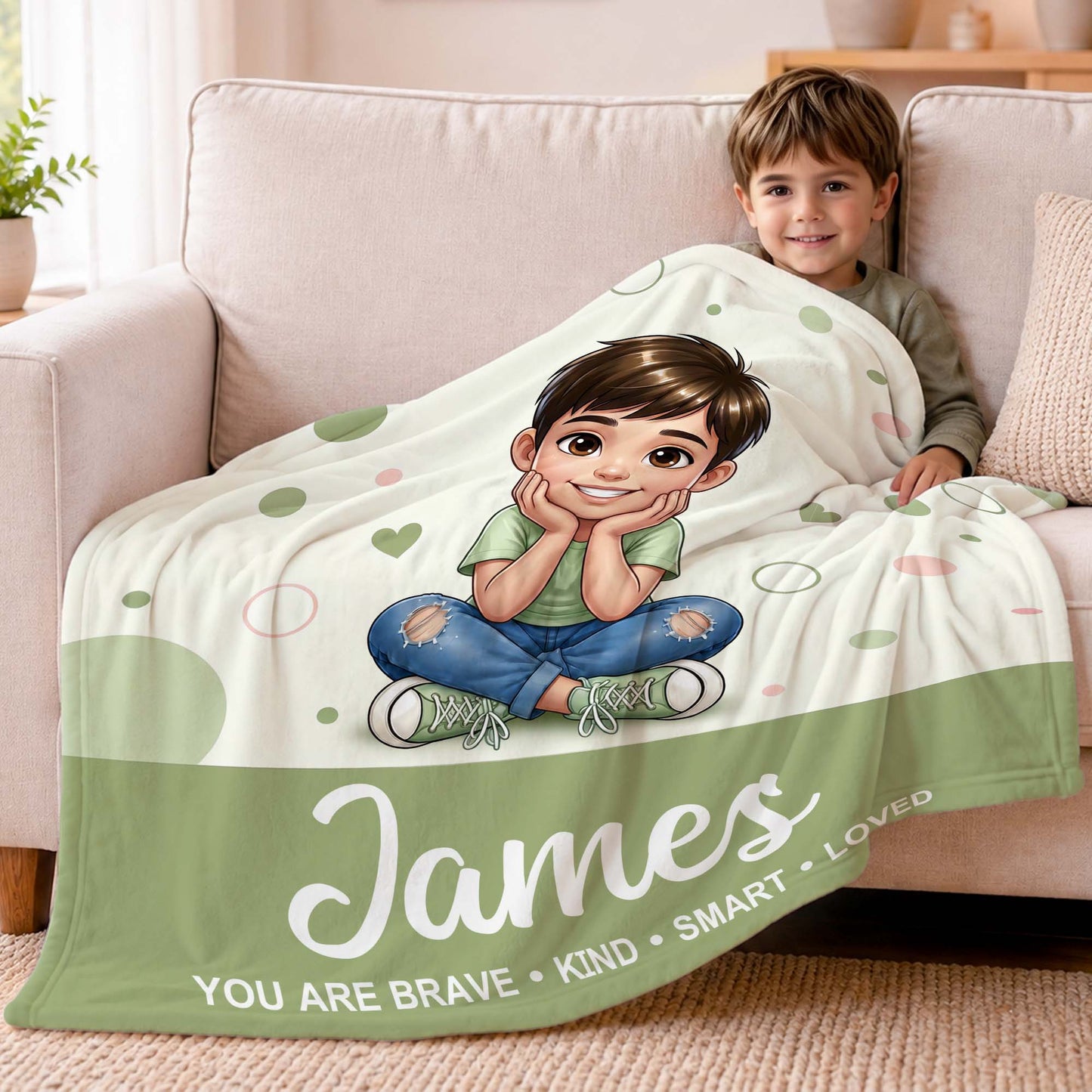 Personalized Polka Dot Cartoon Character Photo Soft Throw Blanket with Name Home Decor Birthday Children's Day Gift for Kids