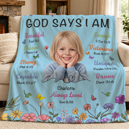 Personalized God Says I Am Thick Paint Illustration Soft Throw Blanket with Photo Text and Name Home Decor Baptism Gift for Christian Believers