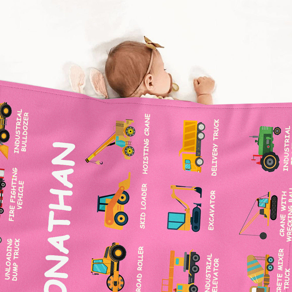 Personalized Construction Truck Blanket with Name – Soft Anti-Pilling Flannel Toddler Throw Gift for Kids