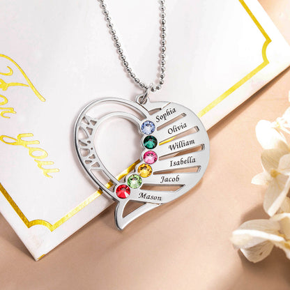 Heart Mother's Necklace with Kids 1-6 Names and Birthstones