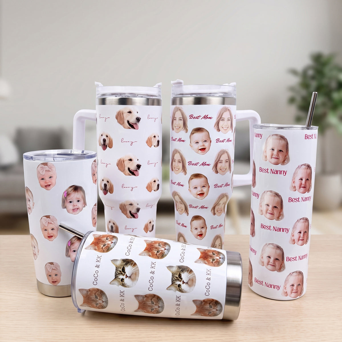 Personalized Cute 1-8 Face Photos 20 oz 40 oz Tumbler with Text and Straw Travel Accessories Birthday Gift for Family Friends