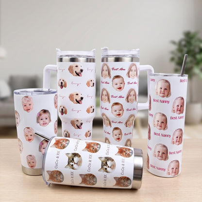 Personalized Cute 1-8 Face Photos 20 oz 40 oz Tumbler with Text and Straw Travel Accessories Birthday Gift for Family Friends