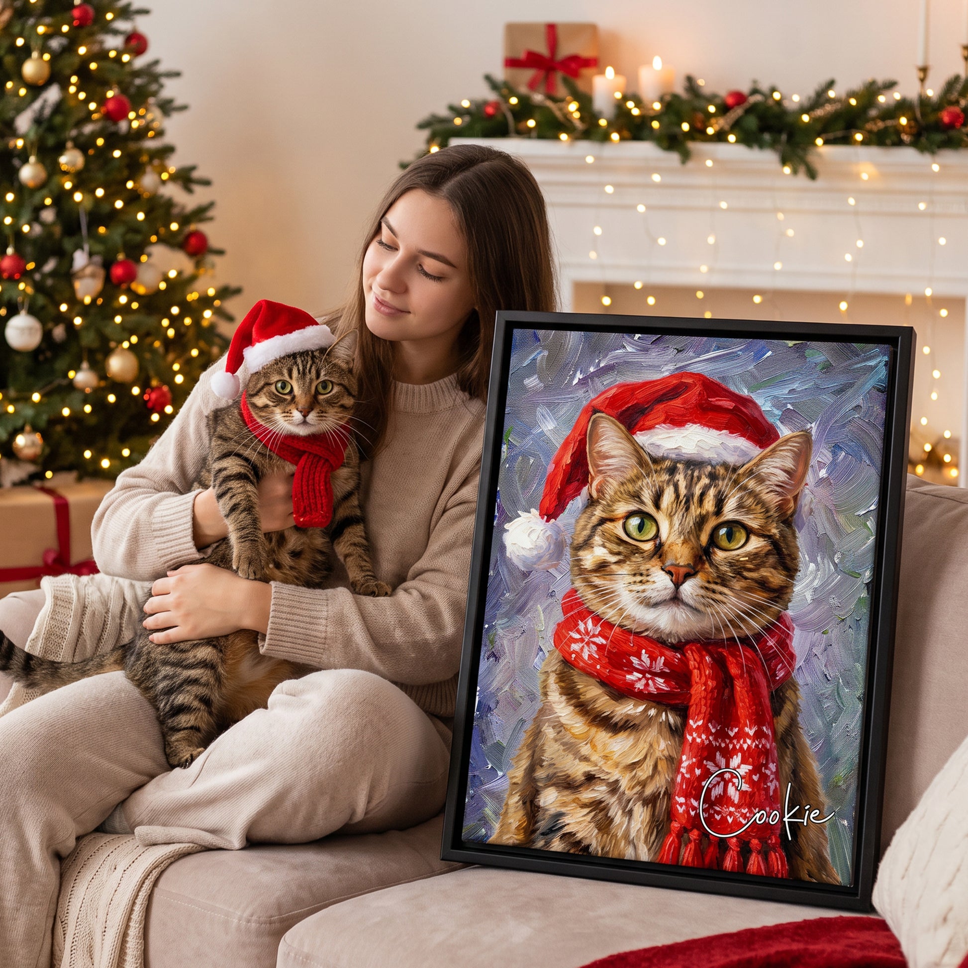 Personalized Oil Painting Style Christmas Hat Dog Cat Photo Large Canvas Prints with Name Home Decor Ship from USA Christmas Gift for Pet Owner Lover