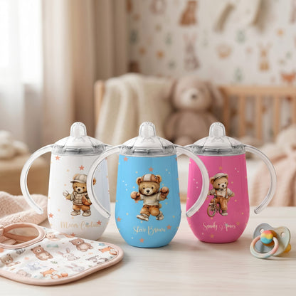 Personalized Multicolor Sports Teddy Bear 10 oz Insulated Sippy Cup with Dual Handle and Name Baby Shower Birthday Gift for Baby Infant