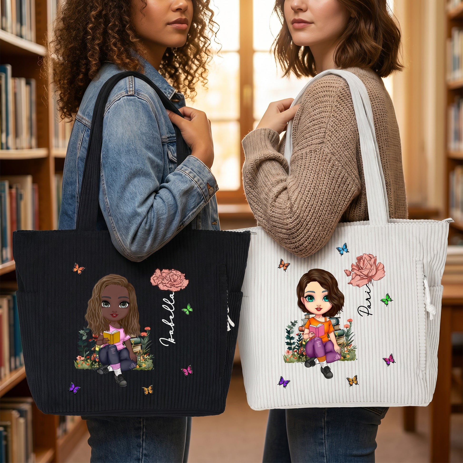 Personalized Cartoon Reading Character Birth Flower Large Capacity Corduroy Tote Bag with Name Travel Essential Birthday Gift for Book Lover Bookworm