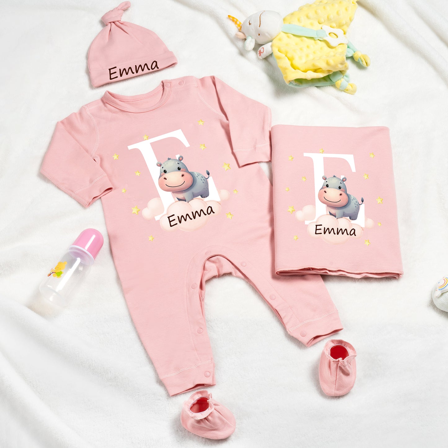 Personalized Cute Animal Star 100% Cotton Baby Romper Hat Blanket Outfit with Name and Gift Box Baby Shower Coming Home Gift for Newborn