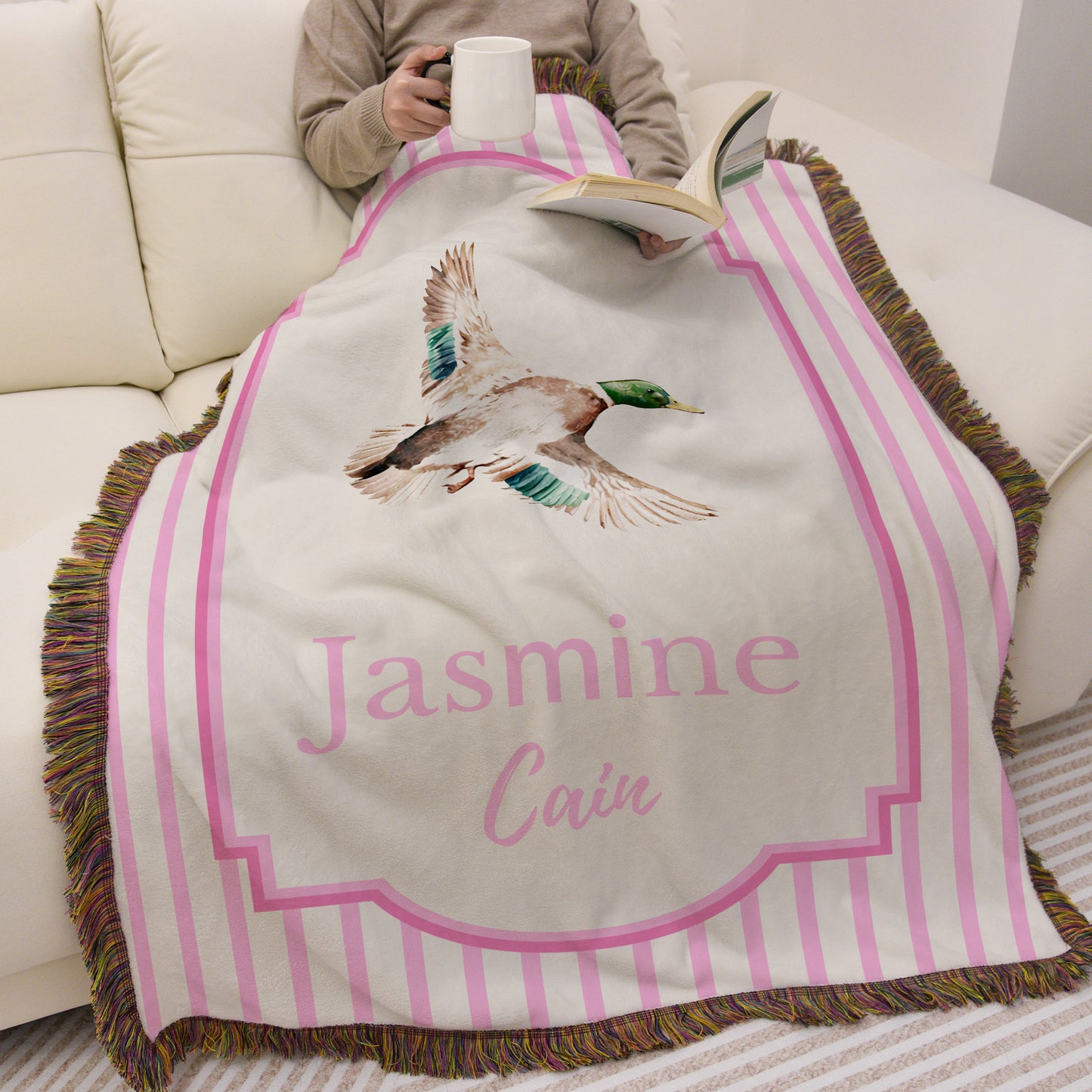 Personalized Mallard Duck Pattern Striped Tassel Woven Throw Blanket with Name Nursery Decor Birthday Baby Shower Gift for Newborn New Parents