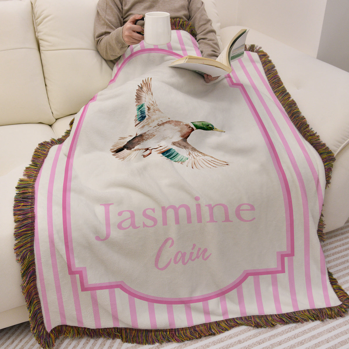 Personalized Mallard Duck Pattern Striped Tassel Woven Throw Blanket with Name Nursery Decor Birthday Baby Shower Gift for Newborn New Parents