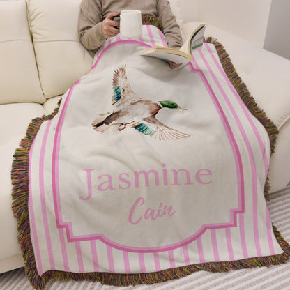 Personalized Mallard Duck Pattern Striped Tassel Woven Throw Blanket with Name Nursery Decor Birthday Baby Shower Gift for Newborn New Parents