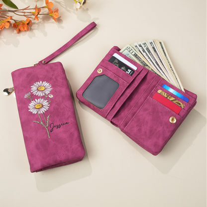 Personalized Watercolor Birth Flower Tri-Fold PU Leather Wristlet Wallet with Card Holder and Name Birthday Anniversary Gift for Women
