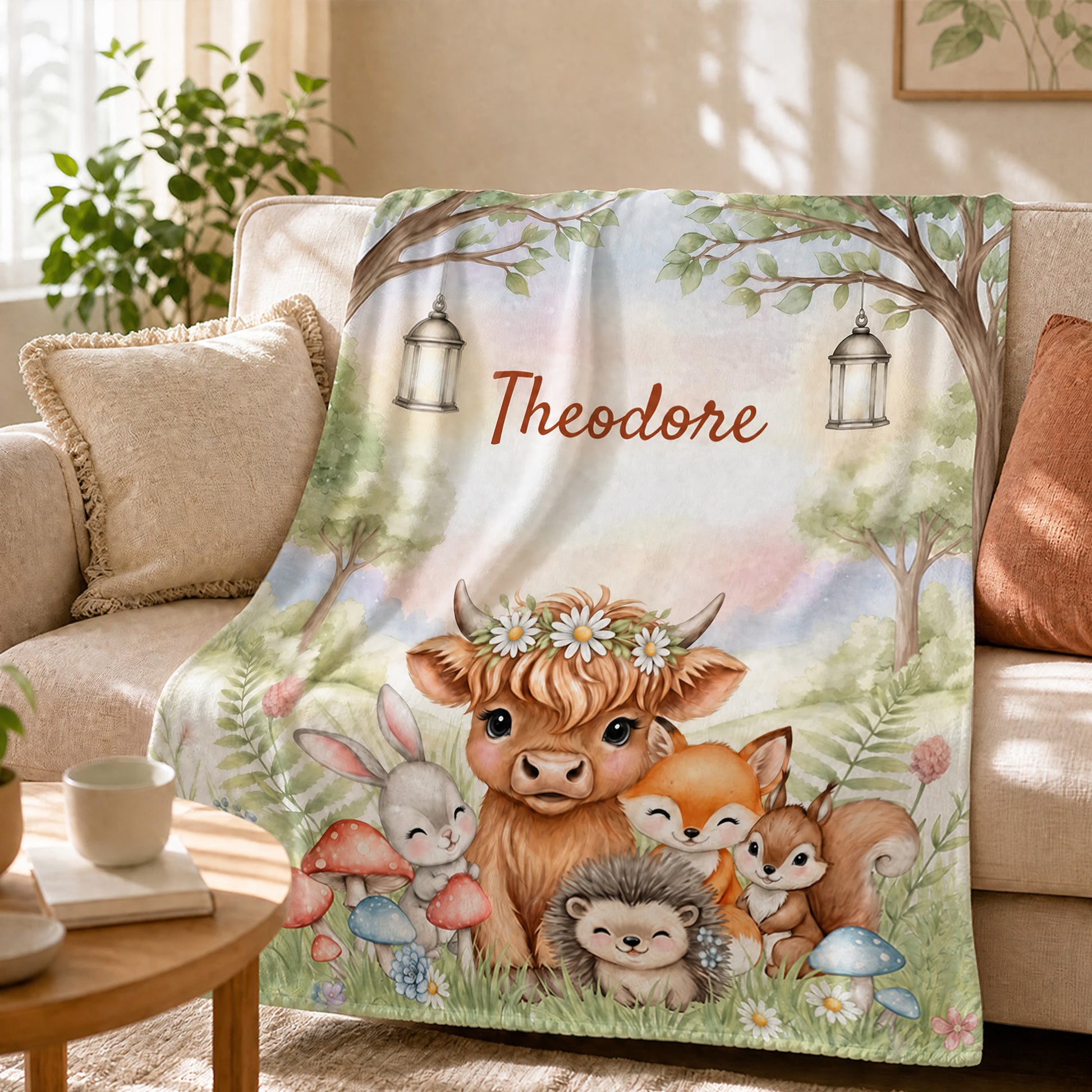 Personalized Forest Friends Highland Cow Rabbit Foxes Soft Throw Blanket with Name Nursery Decor Baby Shower Gift for Newborn