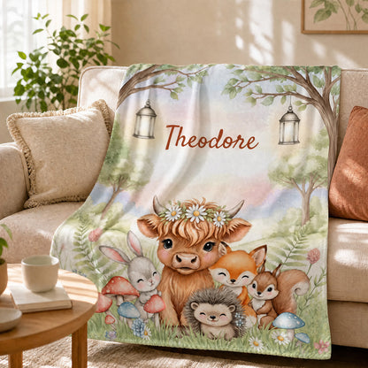 Personalized Forest Friends Highland Cow Rabbit Foxes Soft Throw Blanket with Name Nursery Decor Baby Shower Gift for Newborn