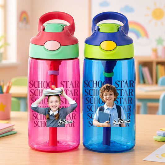 Personalized School Star Photo 16 oz Water Bottle with Name and Silicone Straw Outdoor Activities Birthday Back to School Gift for Boys Girls