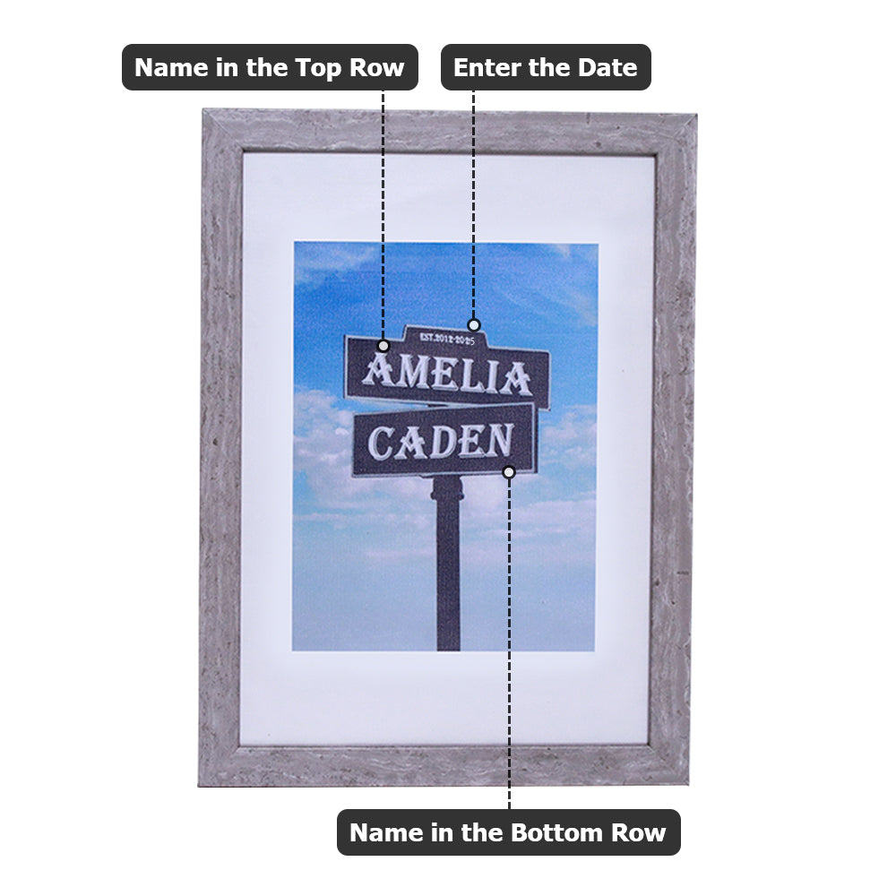 10 Year Anniversary Tin Frame Street Sign Painting with Double Names & Date