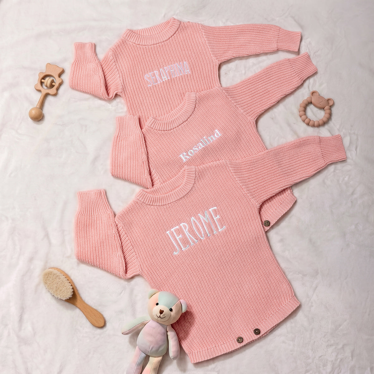 Personalized Multicolor Knitted 100% Cotton Soft Baby Bodysuit Hat Booties Set with Embroidered Name Coming Home Outfit Birthday Gift for Baby Newborn