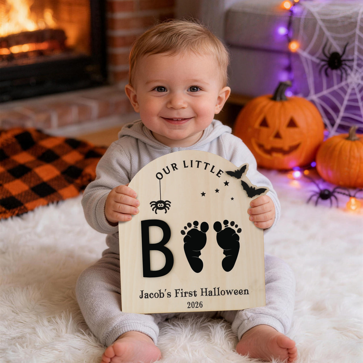 Personalized Ghost Bat Wooden DIY Footprint Art Sign with Name and Year Baby's First Halloween Gift for Baby New Parent