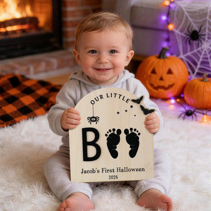 Personalized Ghost Bat Wooden DIY Footprint Art Sign with Name and Year Baby's First Halloween Gift for Baby New Parent