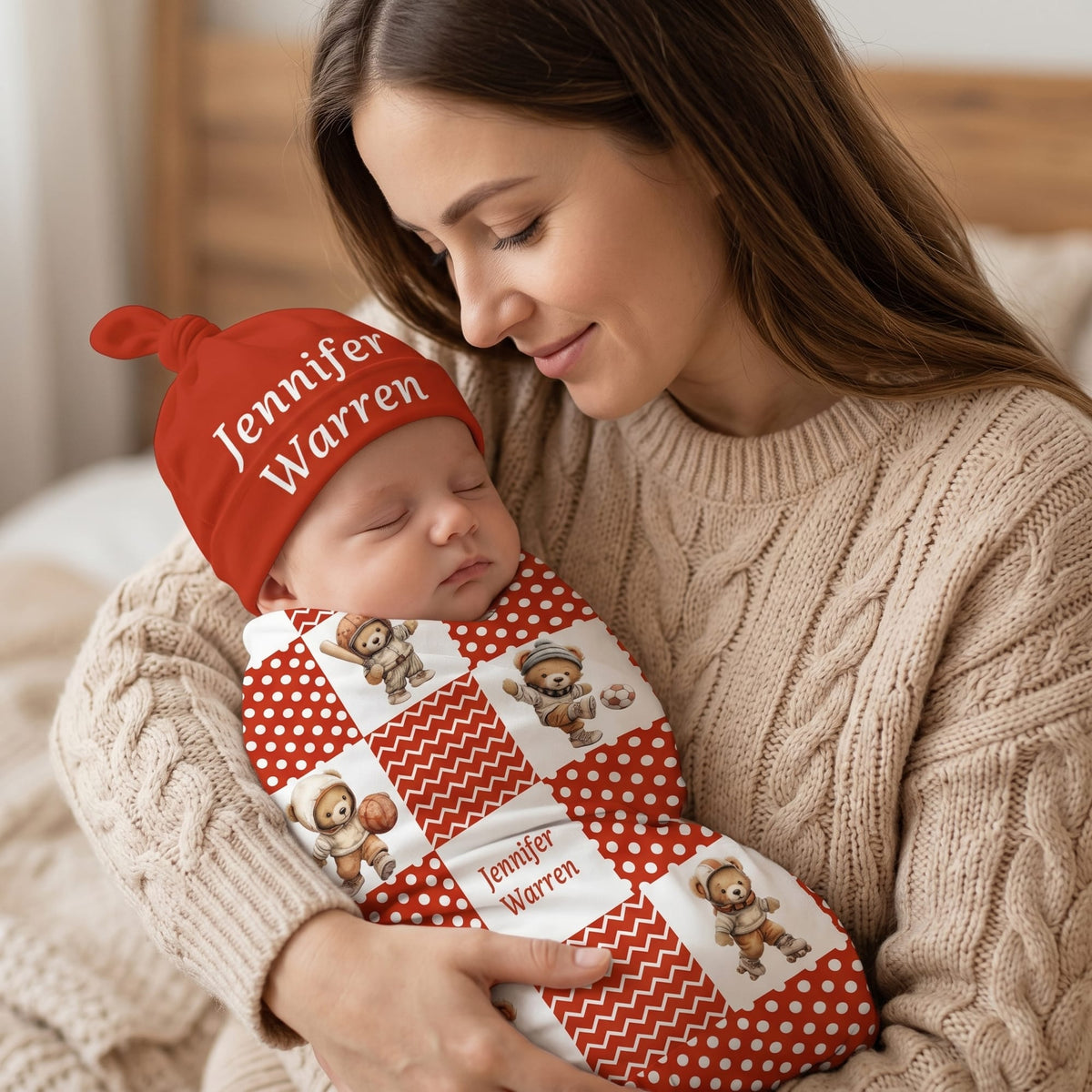 Personalized Sports Teddy Bear Polka Dot 100% Cotton Soft Swaddle Hat Set with Name Baby Shower Birthday Gift for Newborn New Parent