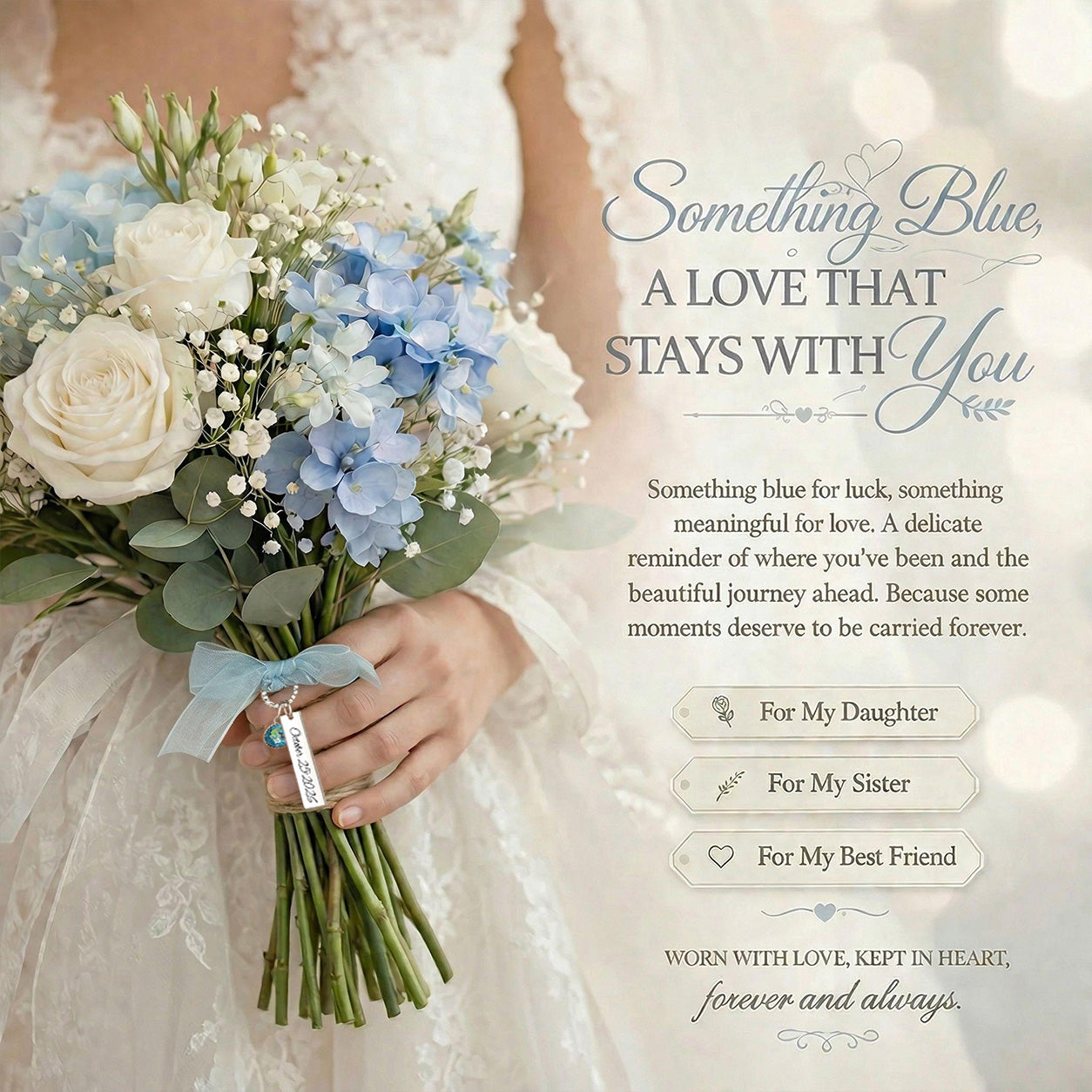 Personalized Blue Crystal Bridal Bouquet Charm with Engraved Text and Card Something Blue Wedding Gift for Bride