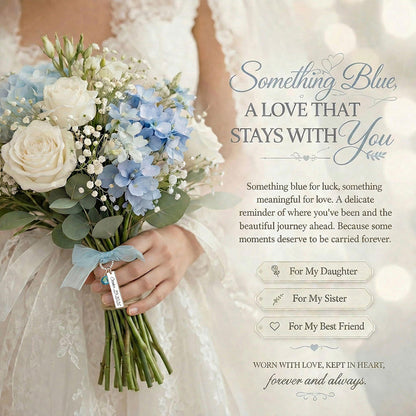 Personalized Blue Crystal Bridal Bouquet Charm with Engraved Text and Card Something Blue Wedding Gift for Bride