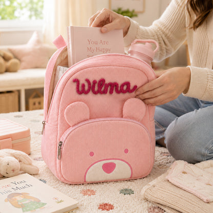 Personalized Cute Teddy Bear Corduroy Backpack with Hand Embroidered Name Children's Day Back to School Birthday Gift for Kids Students
