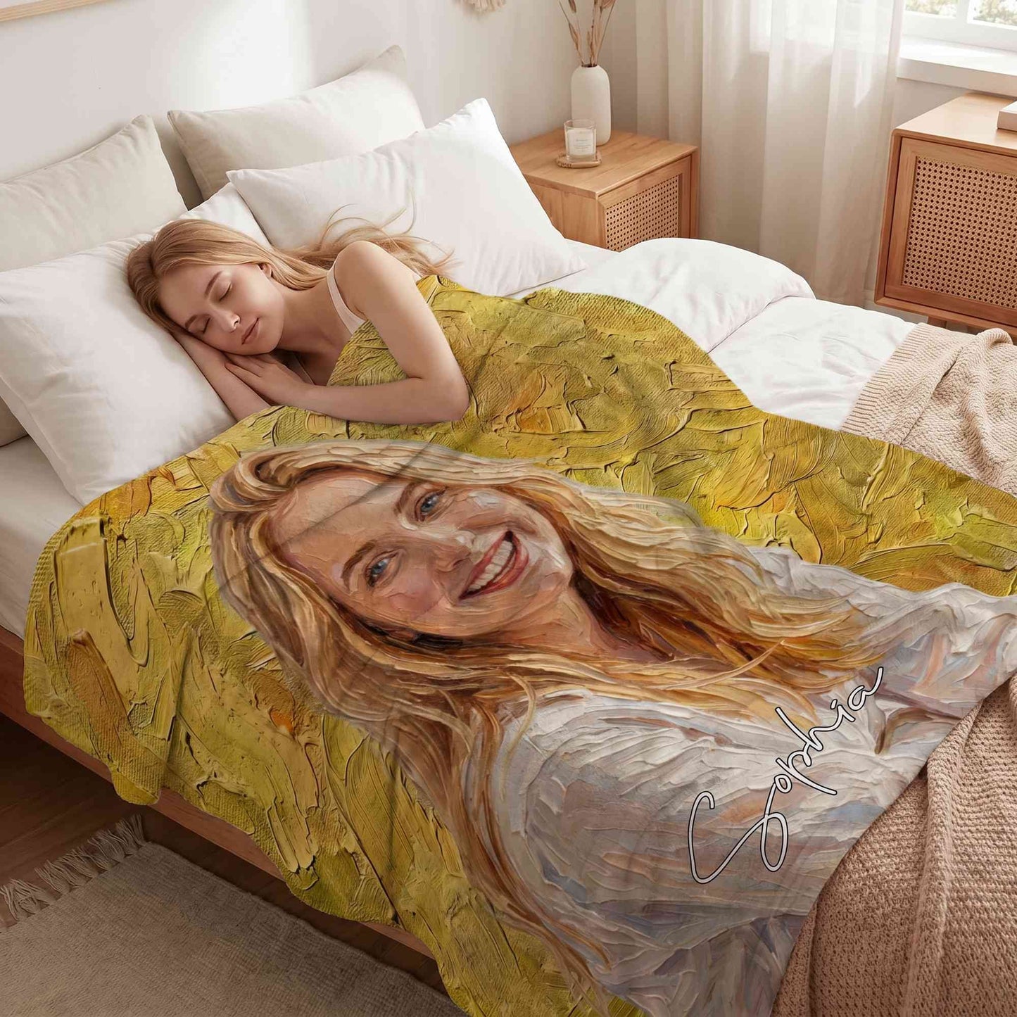 Personalized Oil Painting Style Photo Soft Throw Blanket with Name Home Decor Birthday Housewarming Anniversary Gift for Family Friends